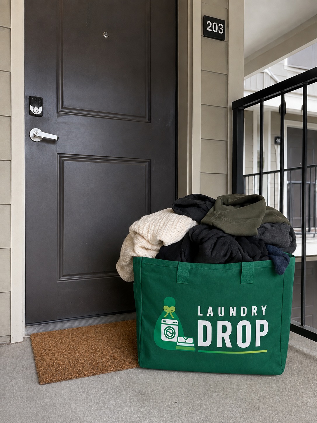 A Laundry Drop bag set out at a student apartment in Eugene